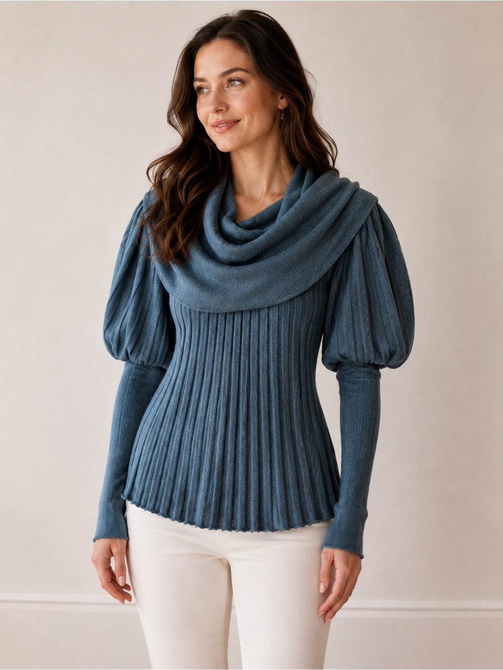 Elegant Teal Cowl Neck Sweater